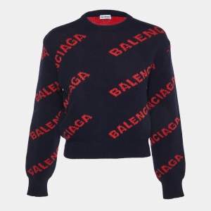 Pre Owned Balenciaga Navy Blue Logo Intarsia Wool Crew Neck Sweater XS