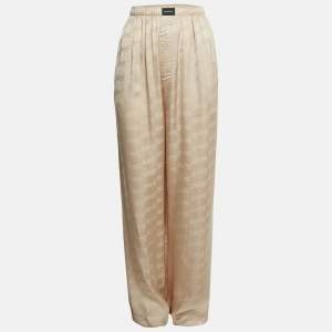 Pre Owned Balenciaga Beige Logo Jacquard Satin Trousers L