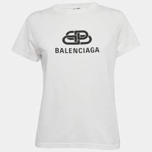 Pre Owned Balenciaga White BB Logo Print Cotton Crewneck-Shirt M