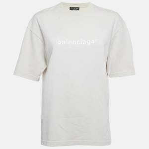 Pre Owned Balenciaga Beige Logo Print Cotton Crewneck T-Shirt XXS 