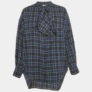 Pre Owned Balenciaga Navy Blue Logo Print Flannel Cotton Oversized Shirt S