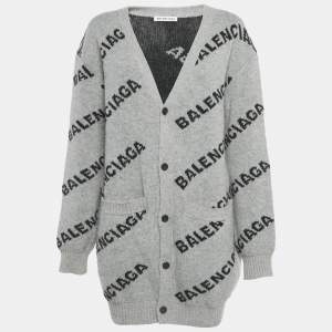 Pre Owned Balenciaga Grey Logo All Over Wool Knit Cardigan M