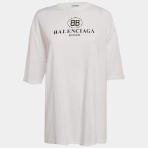 Pre Owned Balenciaga White Logo Print Jersey Crewneck T-Shirt L