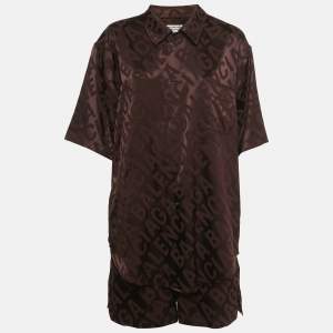 Pre Owned Balenciaga Unisex Burgundy All Over Logo Patterned Satin Shirt & Shorts Set S/M