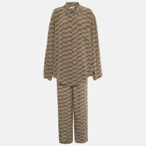 Pre Owned Balenciaga Homewear Brown Monogram Print Silk Minimal Pajama Set M