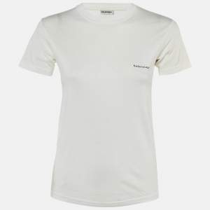 Pre Owned Balenciaga White Logo Print Cotton Crew Neck T-Shirt XS 