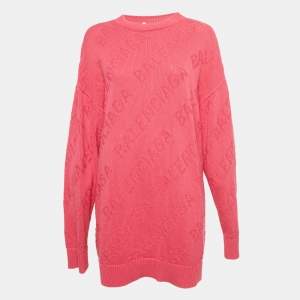 Pre Owned Balenciaga Pink Logo Intarsia Knit Oversized Sweater S