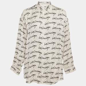 مملوكة مسبقًا Balenciaga White Logo Scribble Print Silk Loose Fit Shirt M