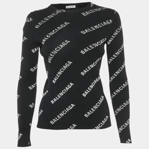 مملوكة مسبقًا Balenciaga Black Logo All-Over Print Rib Knit Pullover M