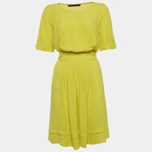 مملوكة مسبقًا  Balenciaga Yellow Silk Puff Sleeve Pleated Mini Dress M