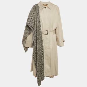 Pre Owned Balenciaga Beige Cotton Silk Chiffon Pleat Check Wool Trench Coat L