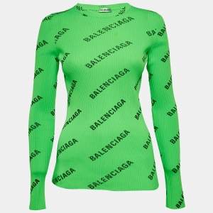 Pre Owned Balenciaga Neon Green Techno Logo Print Rib Knit Crewneck Pullover M
