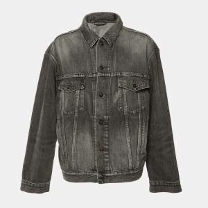 Pre Owned جاكيت بالنسياغا دينيم رمادي بشعار منقوش بأزرار أمامية مقاس صغير (سمول)