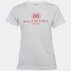 Pre Owned Balenciaga White Logo Print Jersey T-Shirt M