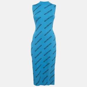 Pre Owned Balenciaga Blue Logo All-Over Rib Knit Midi Wrap Dress M