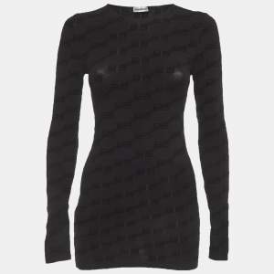 Pre Owned Balenciaga Black BB Flocked Jersey Fitted Top L