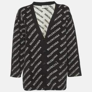 مملوكة مسبقًا Balenciaga Unisex Black/White Logo All Over Cotton Knit Cardigan L