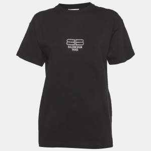 Pre Owned Balenciaga Black BB Rhinestone Jersey T-Shirt XS