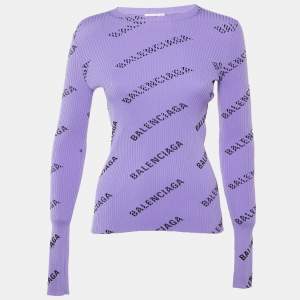 مملوكة مسبقًا Balenciaga Purple All Over Logo Rib Knit Long Sleeve Jumper XS