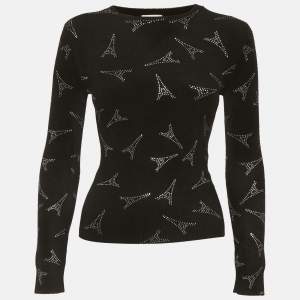 مملوكة مسبقًا Balenciaga Black Eiffel Tower Rhinestone Velvet Sweater XS