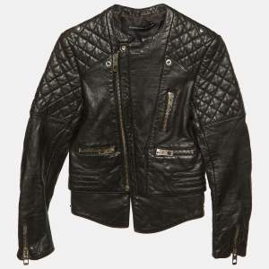 Pre Owned Balenciaga Black Leather Quilted Zip Up Biker Jacket S