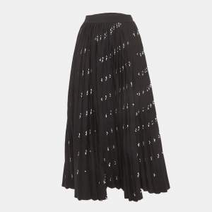 Pre Owned Balenciaga Black Logo Print Knit Pleated Midi Skirt XS