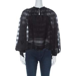Pre Owned Balenciaga Black Striped Chiffon High-Low Three Quarter Sleeve Blouse S