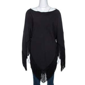 Pre Owned Balenciaga Black Crepe Fringed Poncho L