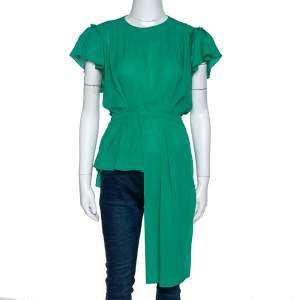 Balenciaga Green Silk Pleated Asymmetrical Blouse M