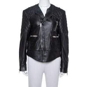 Pre Owned Balenciaga Black Leather Quilted Detail Biker Jacket L