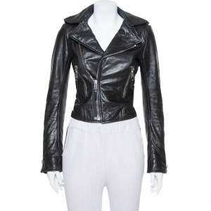 Pre Owned Balenciaga Black Leather Zipper Front Biker Jacket S