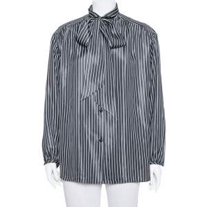 Pre Owned Balenciaga  Black Striped Satin Neck Tie Detail Oversized Shirt S