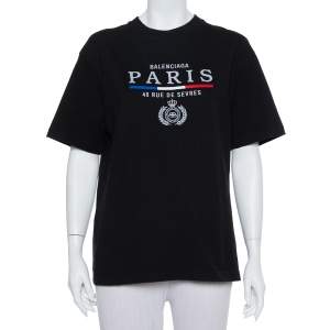 Pre Owned Balenciaga Black Cotton Paris Flag Embroidered Crewneck T-Shirt S