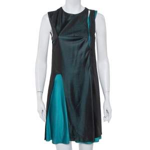 Balenciaga Black & Teal Green Knit Paneled Sleeveless Shift Dress L