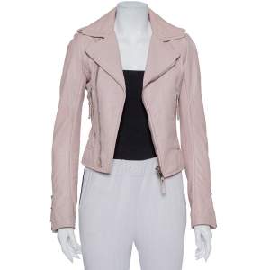 Pre Owned Balenciaga Pink Leather Zip Front Biker Jacket S