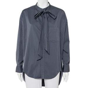 Pre Owned Balenciaga Charcoal Grey Striped Cotton Neck Tie Detail Oversized Shirt S