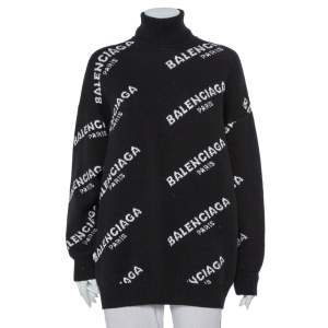 Pre Owned Balenciaga Black Logo Intarsia Knit Oversized Turtleneck Sweater S