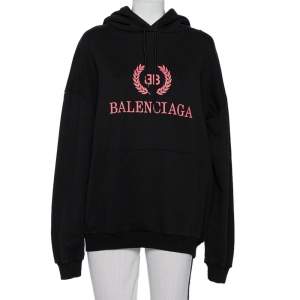Pre Owned Balenciaga Black Logo Printed Cotton Hoodie M