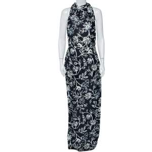 Balenciaga Black Stainglass Flowers Printed Silk Thigh High Slit Detail Gown L