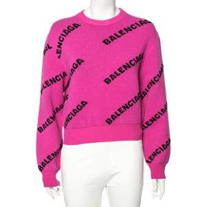 Pre Owned Balenciaga Pink Allover Logo Wool Crew Neck Sweater S