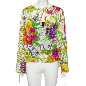 Balenciaga White Floral Print Lurex Silk Slide Blouse L