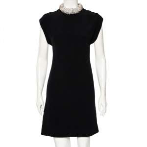 Balenciaga Black Crepe Embellished Neck Detail Short Dress S