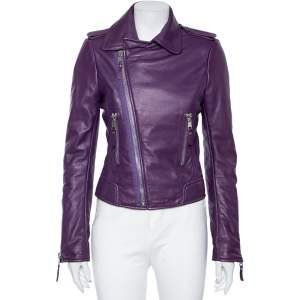 Pre Owned Balenciaga Purple Leather Cropped Biker Jacket M