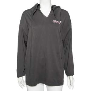 Balenciaga Grey Cotton Logo Printed Oversized Hoodie S