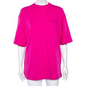 Pre Owned Balenciaga Pink Cotton Logo Printed Oversized Crewneck T-Shirt S
