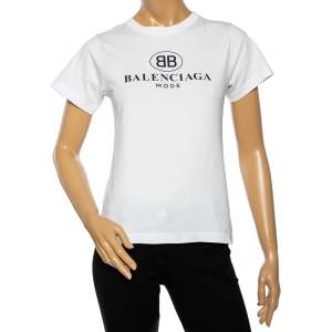 Pre Owned Balenciaga White Mode Logo Printed Cotton Crewneck T Shirt M