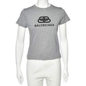 Pre Owned Balenciaga Grey Logo Printed Cotton Short Sleeve T-Shirt S