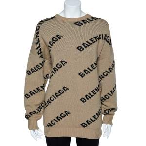 Balenciaga Caramel Brown Allover Logo Wool Oversized Sweater S