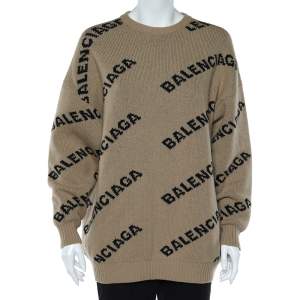Balenciaga Light Brown Logo Intarsia Wool Knit Oversized Sweater XS