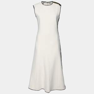 Balenciaga Cream Crepe Contrast Trimmed Button Detail Midi Dress M